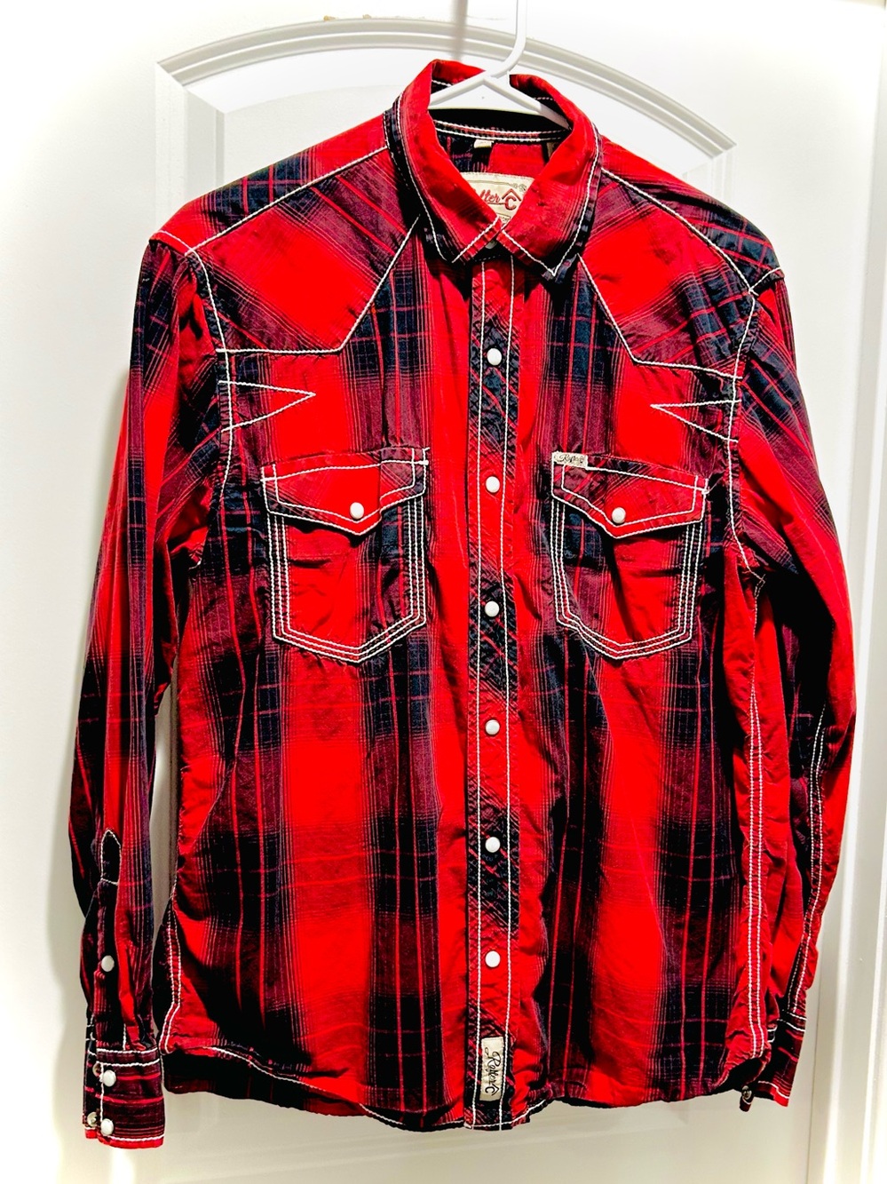 Rafter C Cowboy Collection Red Plaid Pearl Snap Button Western Shirt Rodeo Sz M